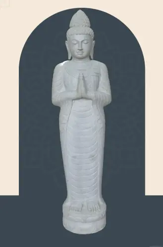 Product image of the product “Standing Buddha made of Riverstone, position Namaskara , H. 185cm. There is a stone eye on the right thight. ”